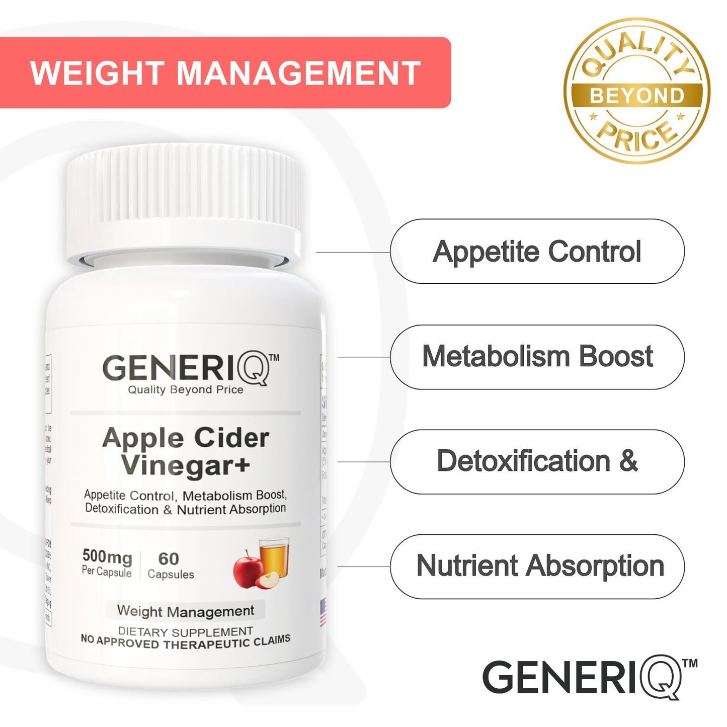GENERIQ™ Apple Cider Vinegar+, 500mg