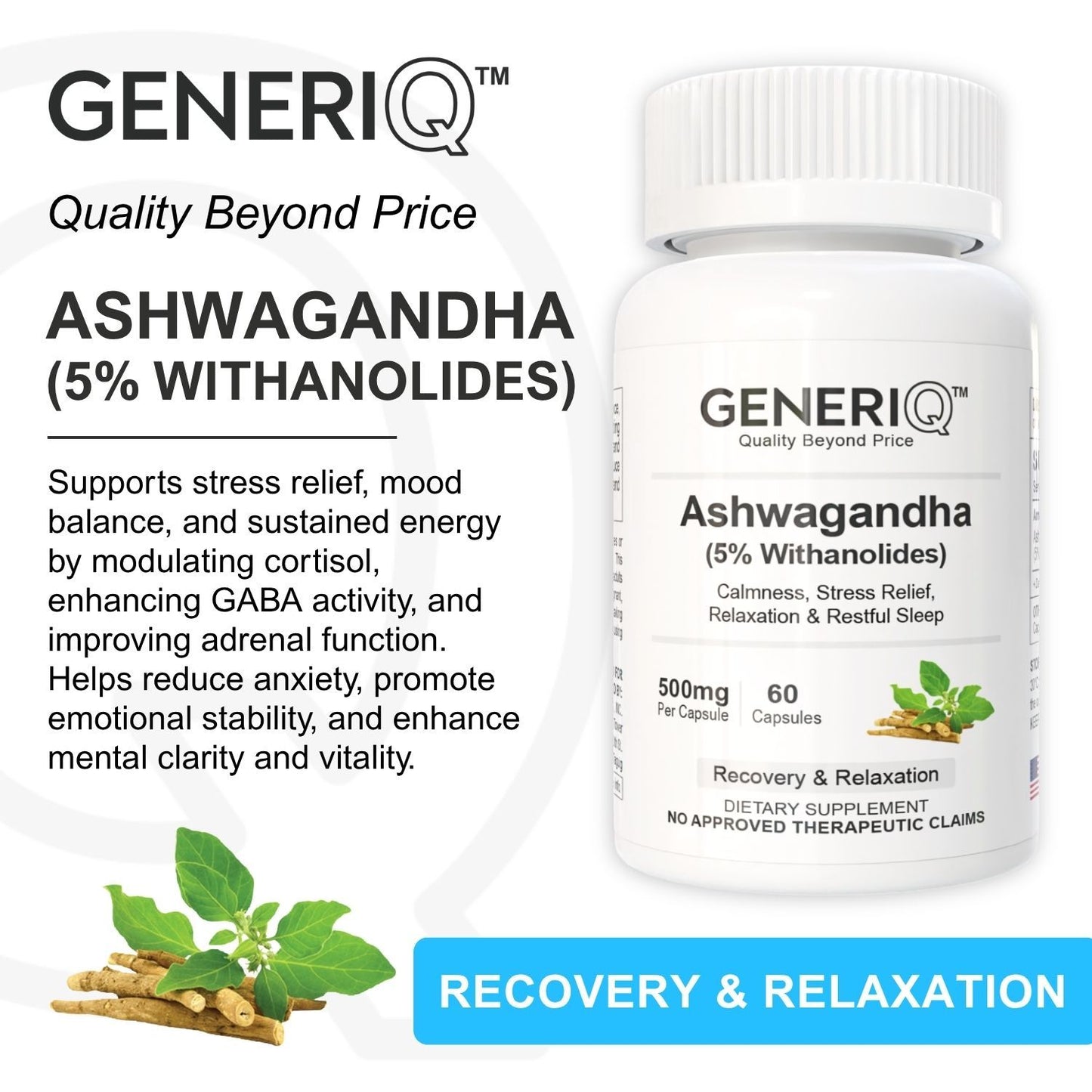GENERIQ™ Ashwagandha (5% Withanolides), 500mg