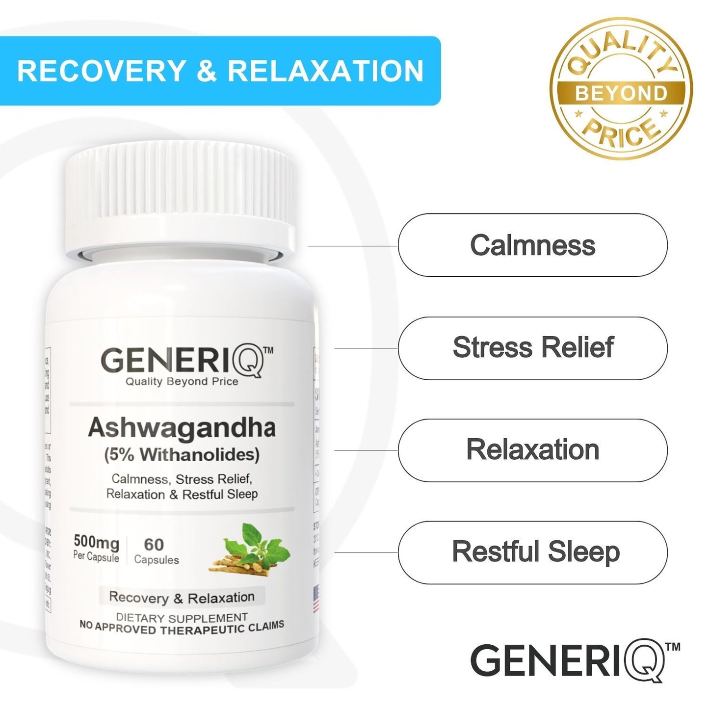 GENERIQ™ Ashwagandha (5% Withanolides), 500mg
