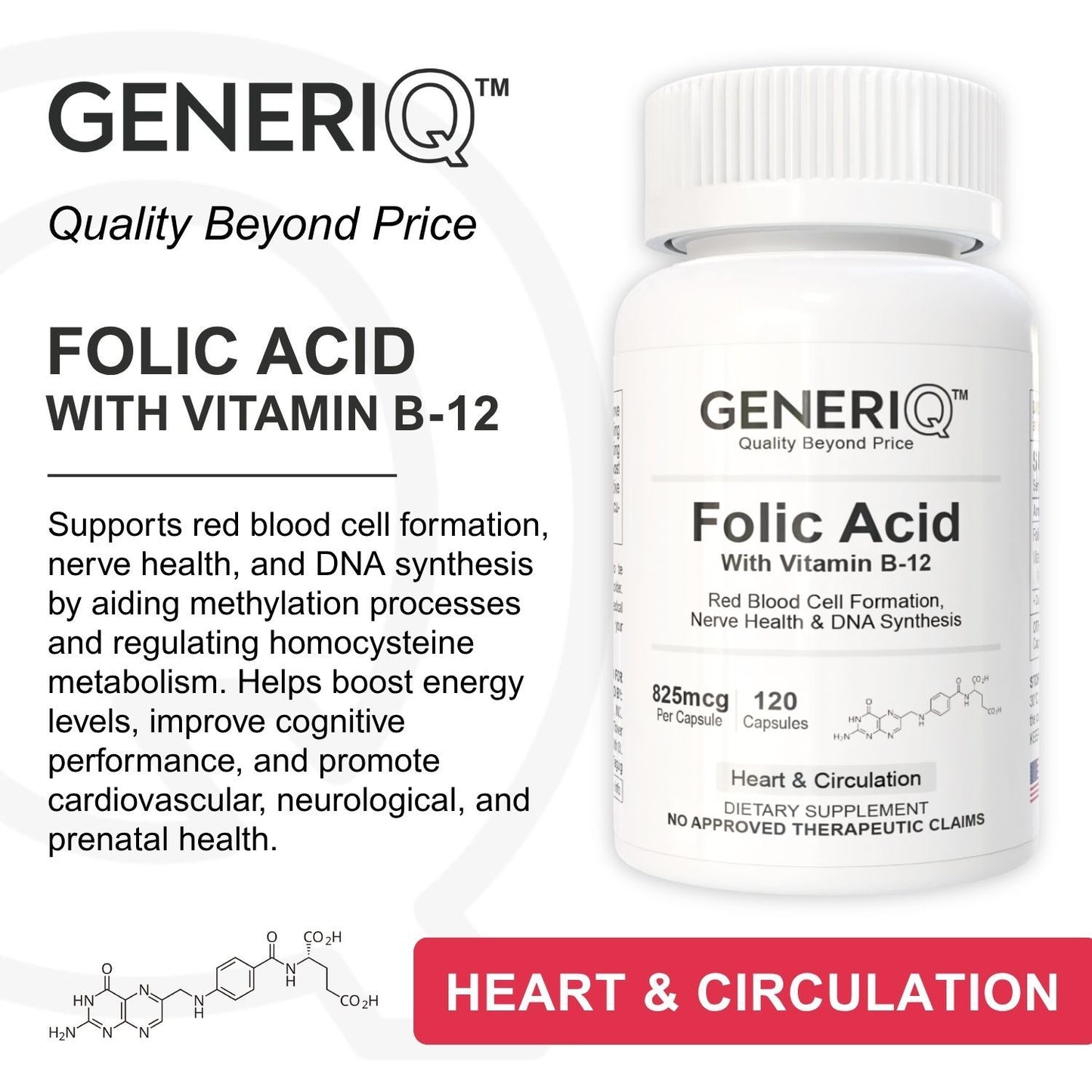 GENERIQ™ Folic Acid with Vitamin B-12, 825mcg