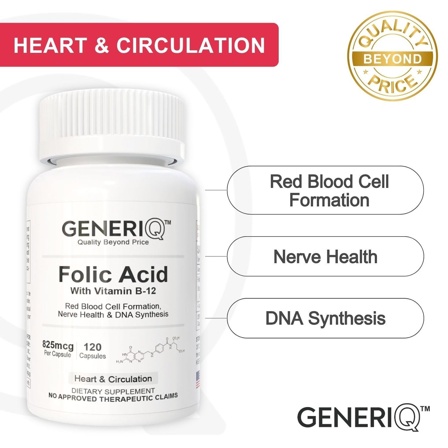 GENERIQ™ Folic Acid with Vitamin B-12, 825mcg