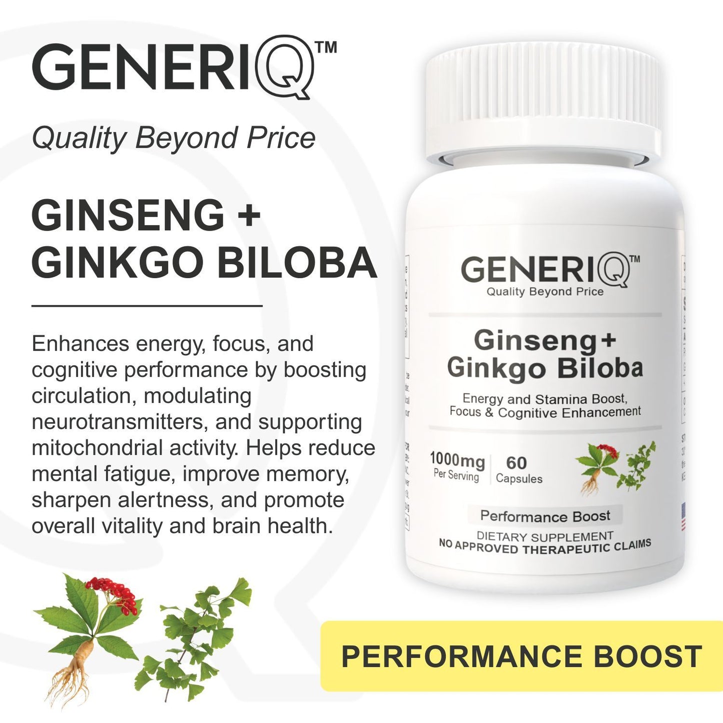 GENERIQ™ Ginseng + Ginkgo Biloba, 1000mg