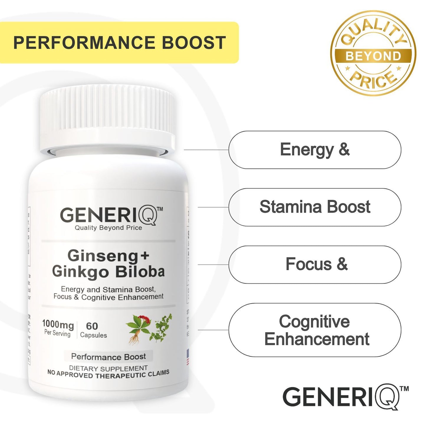 GENERIQ™ Ginseng + Ginkgo Biloba, 1000mg