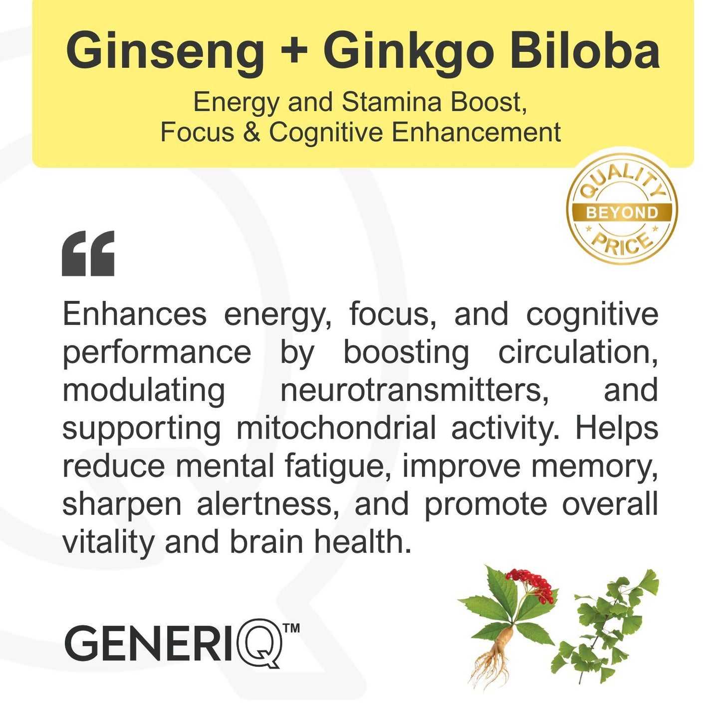 GENERIQ™ Ginseng + Ginkgo Biloba, 1000mg