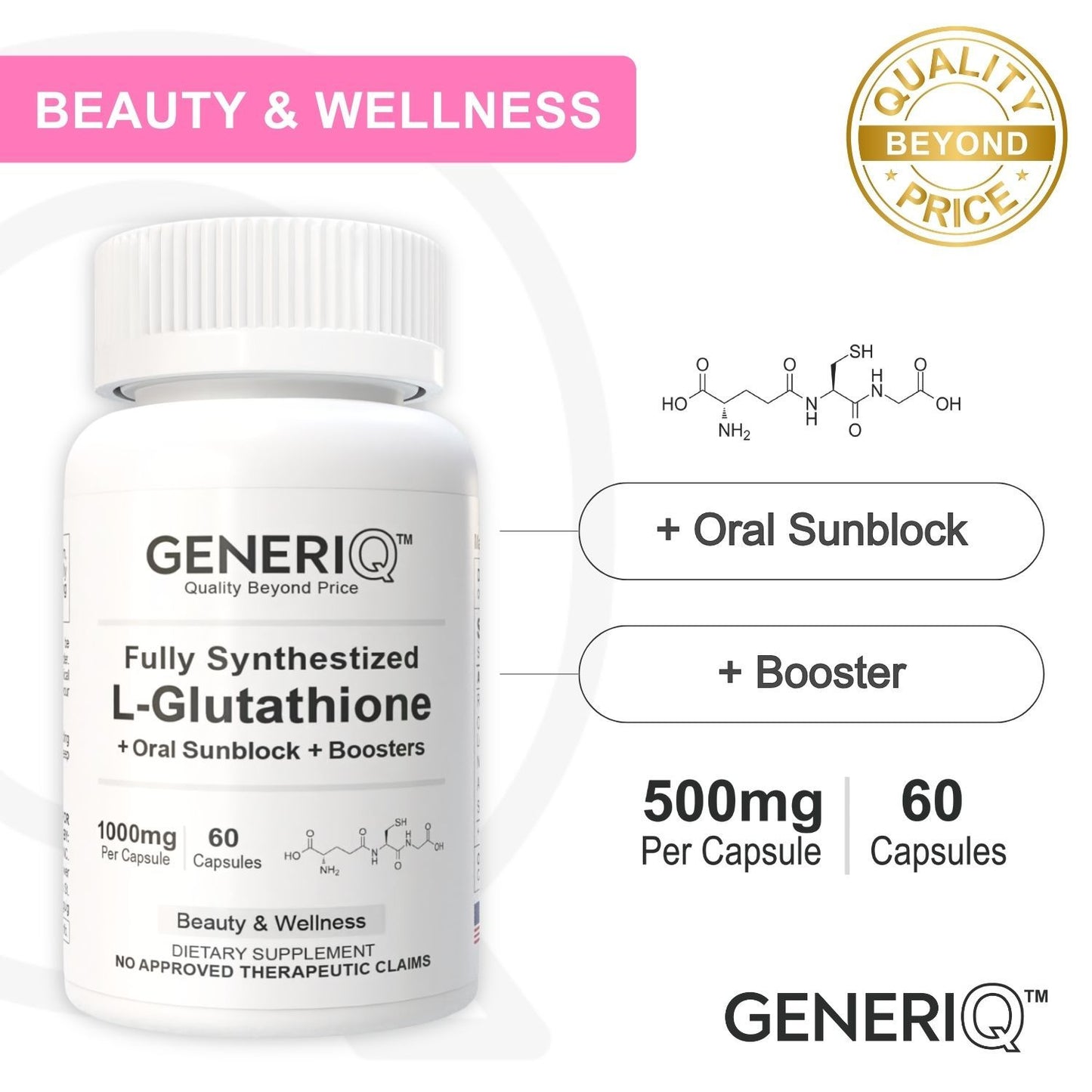 GENERIQ™ L-Glutathione + Oral Sunblock + Boosters, 1000mg