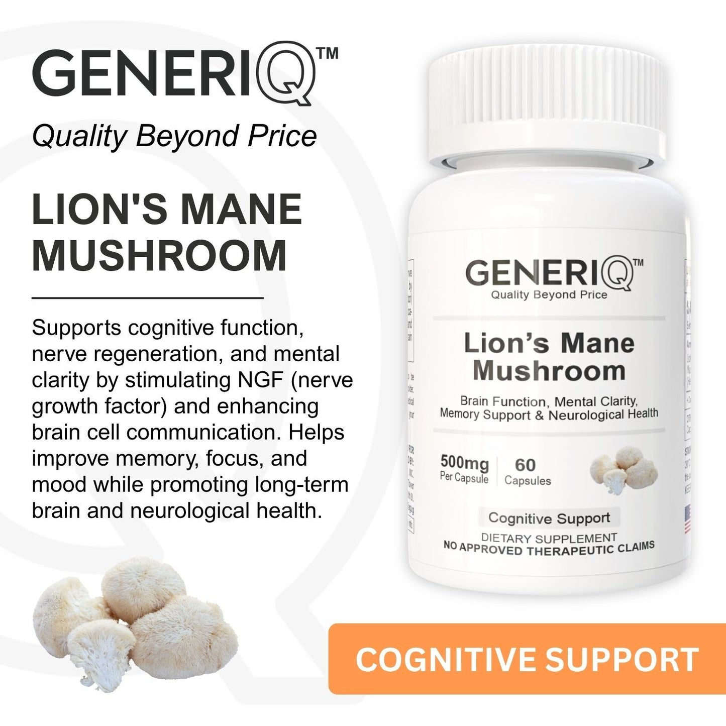 GENERIQ™ Lion’s Mane Mushroom, 500mg