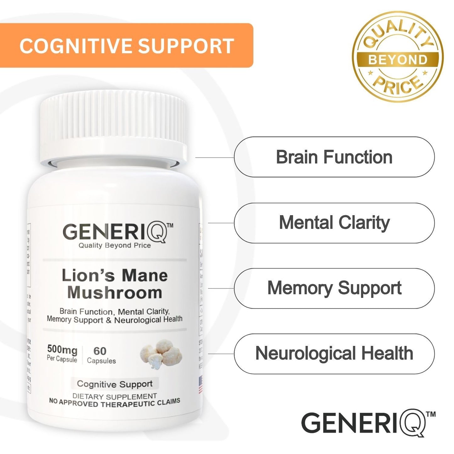 GENERIQ™ Lion’s Mane Mushroom, 500mg