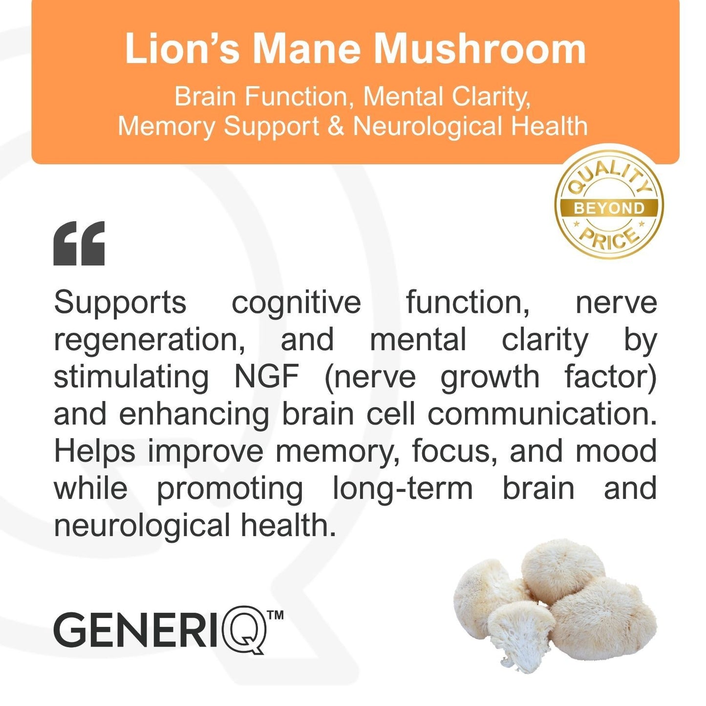 GENERIQ™ Lion’s Mane Mushroom, 500mg