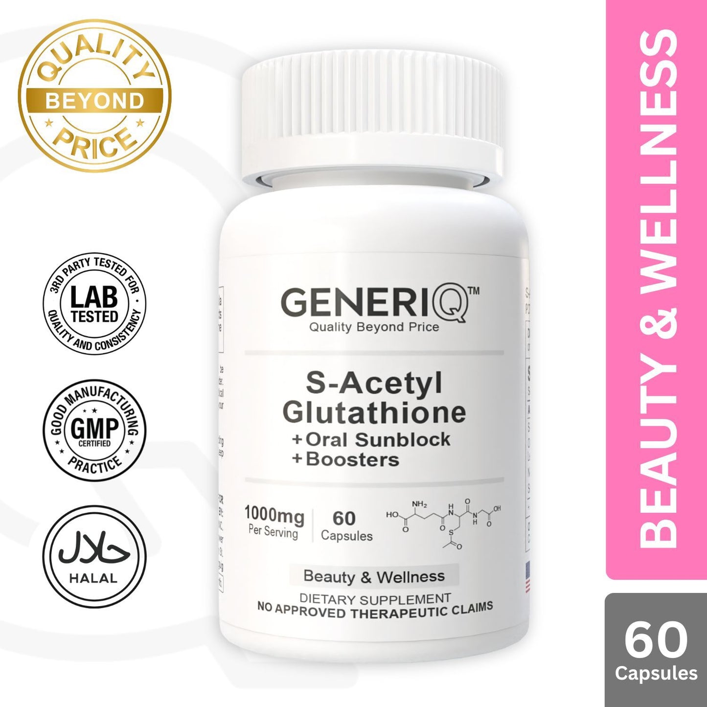 GENERIQ™ S-Acetyl Glutathione + Oral Sunblock + Boosters, 1000mg