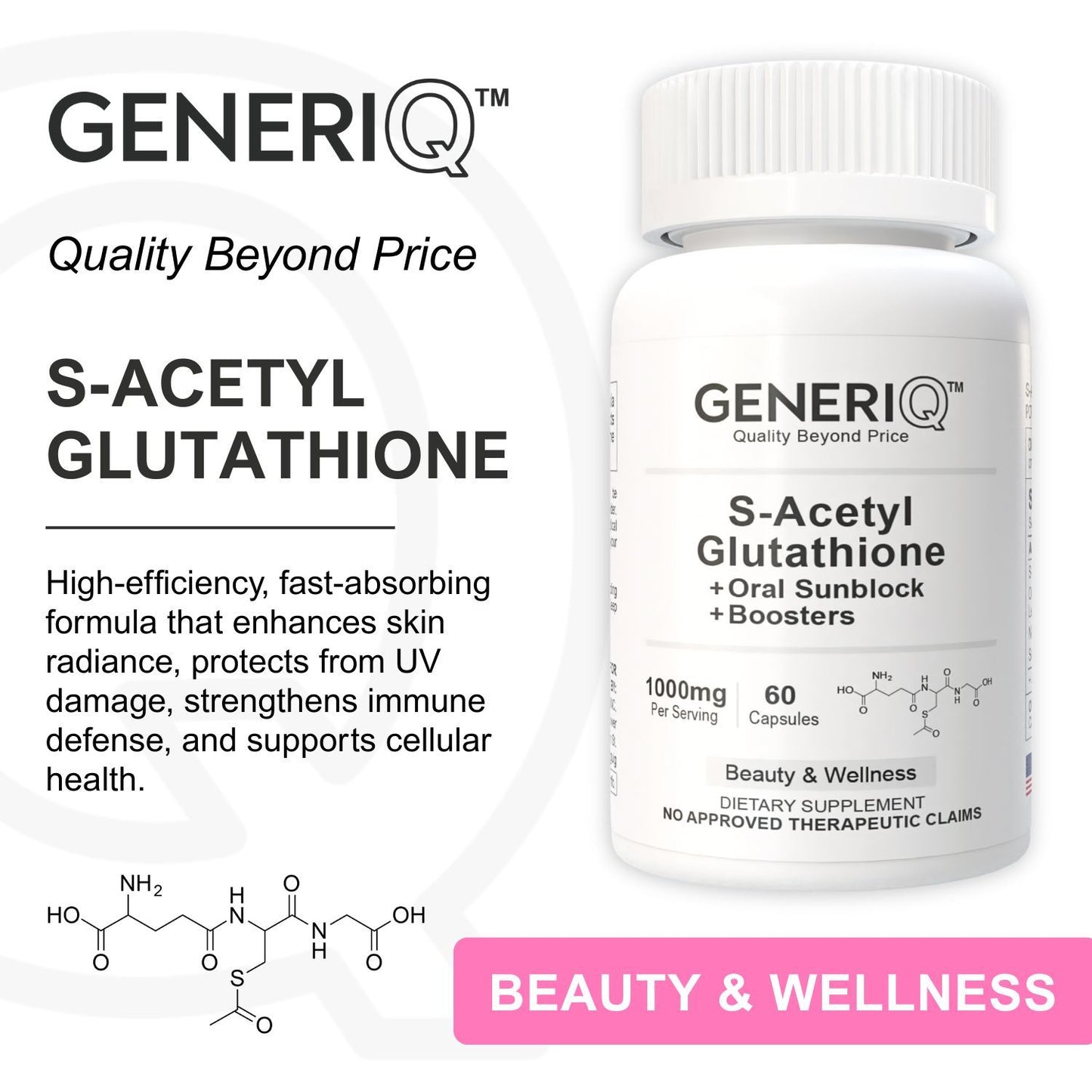 GENERIQ™ S-Acetyl Glutathione + Oral Sunblock + Boosters, 1000mg