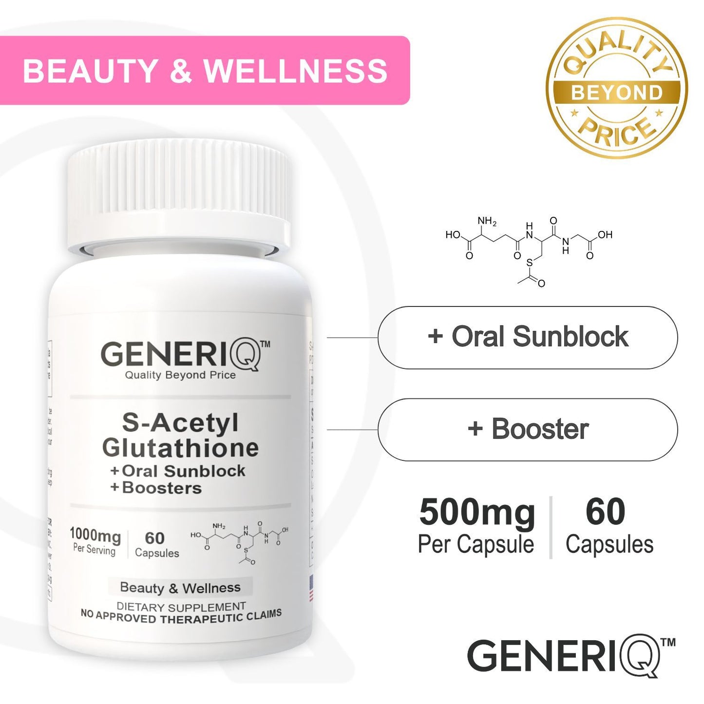GENERIQ™ S-Acetyl Glutathione + Oral Sunblock + Boosters, 1000mg