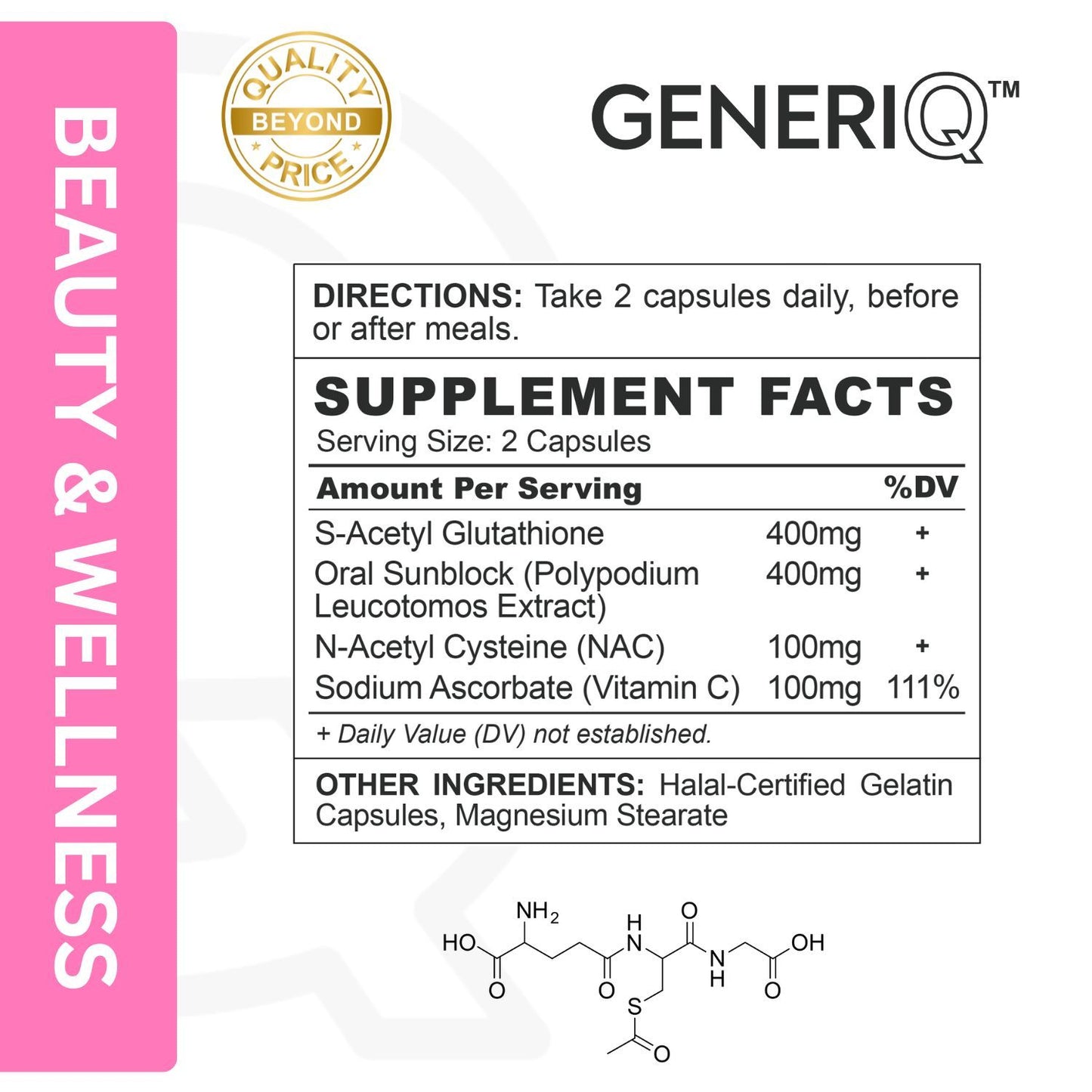 GENERIQ™ S-Acetyl Glutathione + Oral Sunblock + Boosters, 1000mg