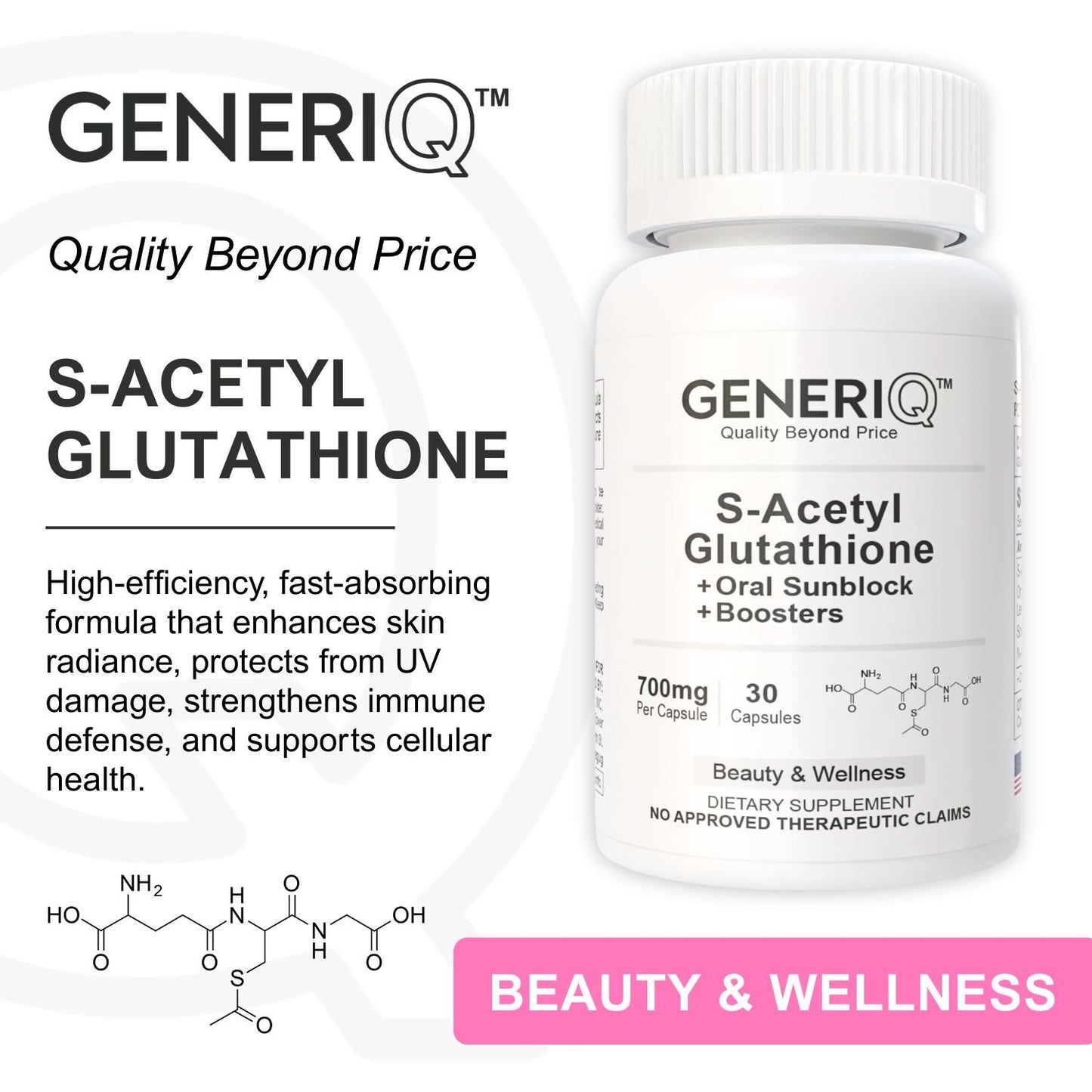 GENERIQ™ S-Acetyl Glutathione + Oral Sunblock + Boosters, 700mg
