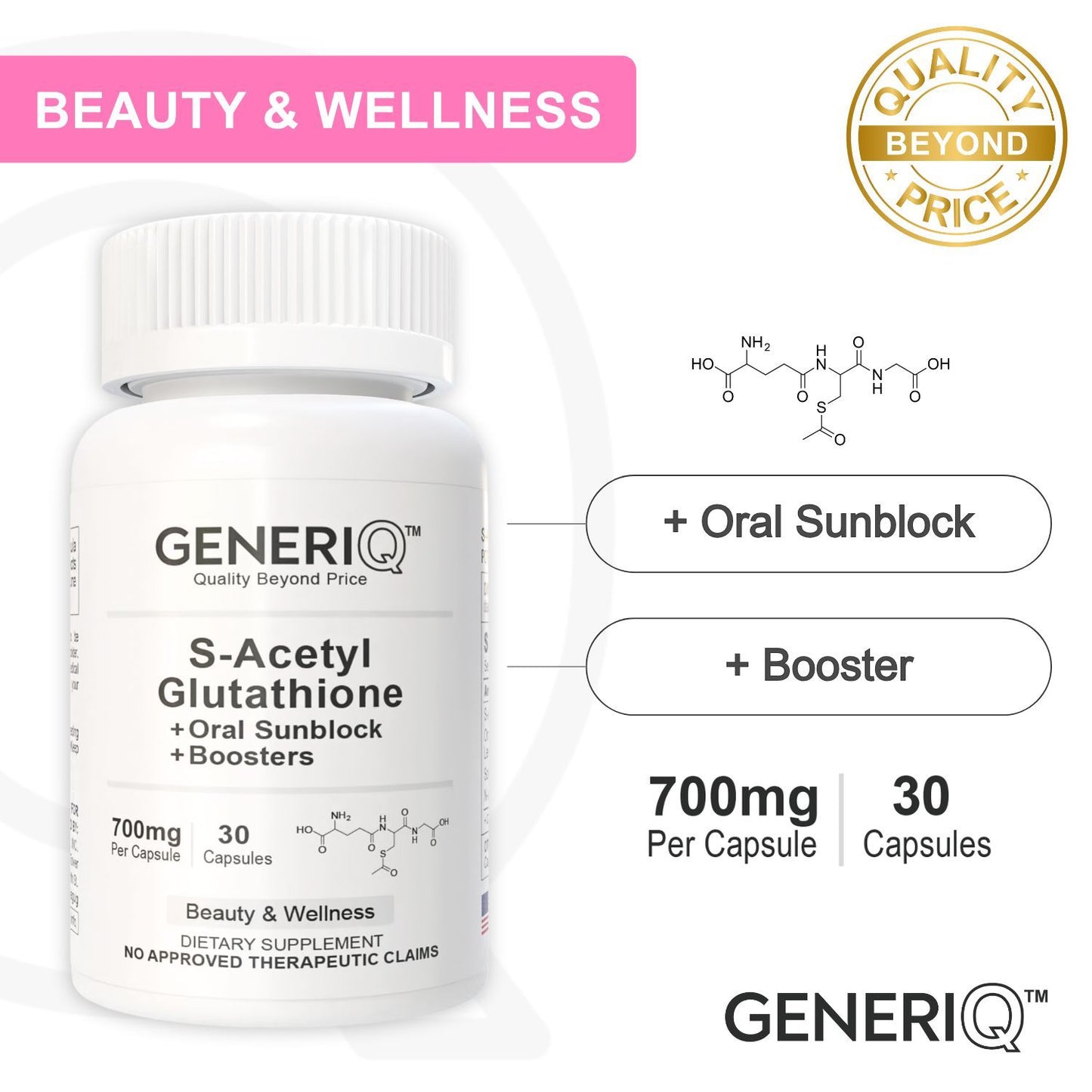 GENERIQ™ S-Acetyl Glutathione + Oral Sunblock + Boosters, 700mg
