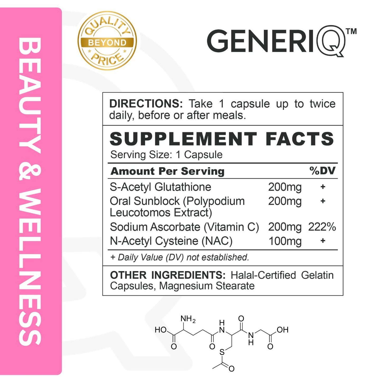 GENERIQ™ S-Acetyl Glutathione + Oral Sunblock + Boosters, 700mg