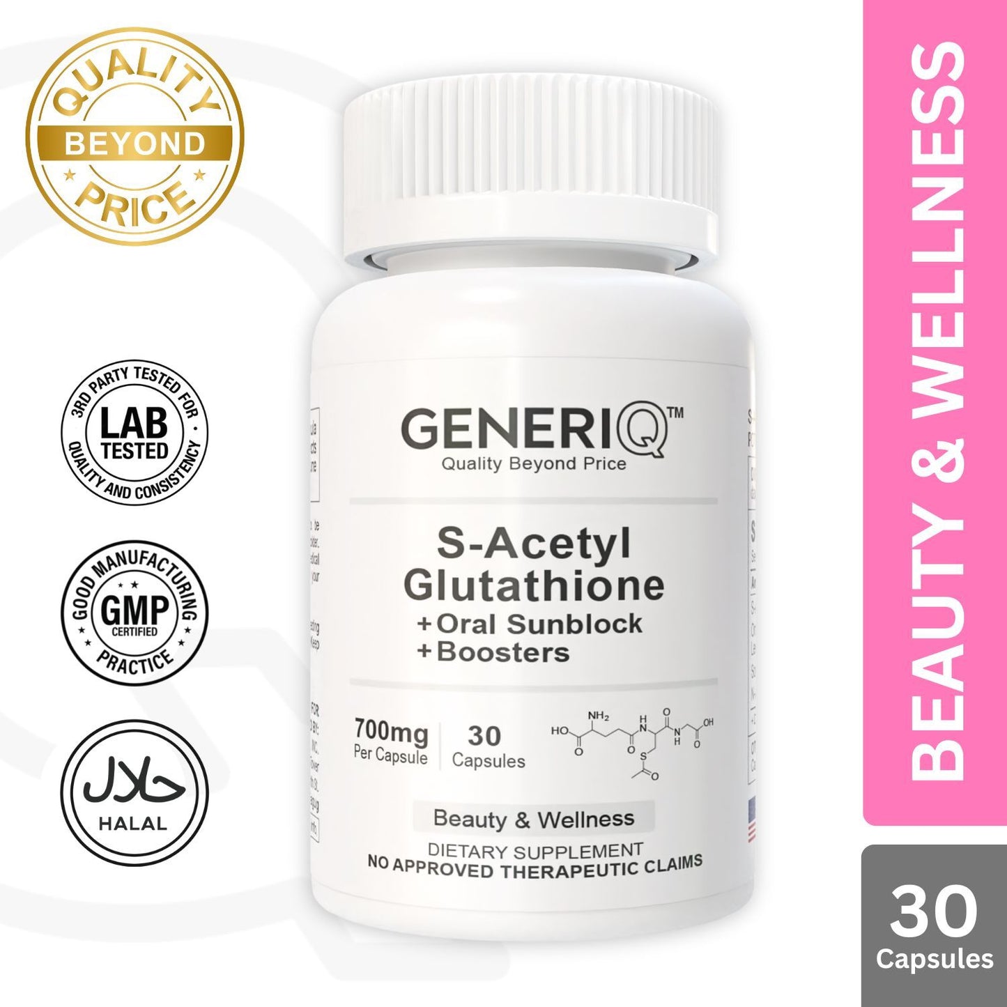 GENERIQ™ S-Acetyl Glutathione + Oral Sunblock + Boosters, 700mg