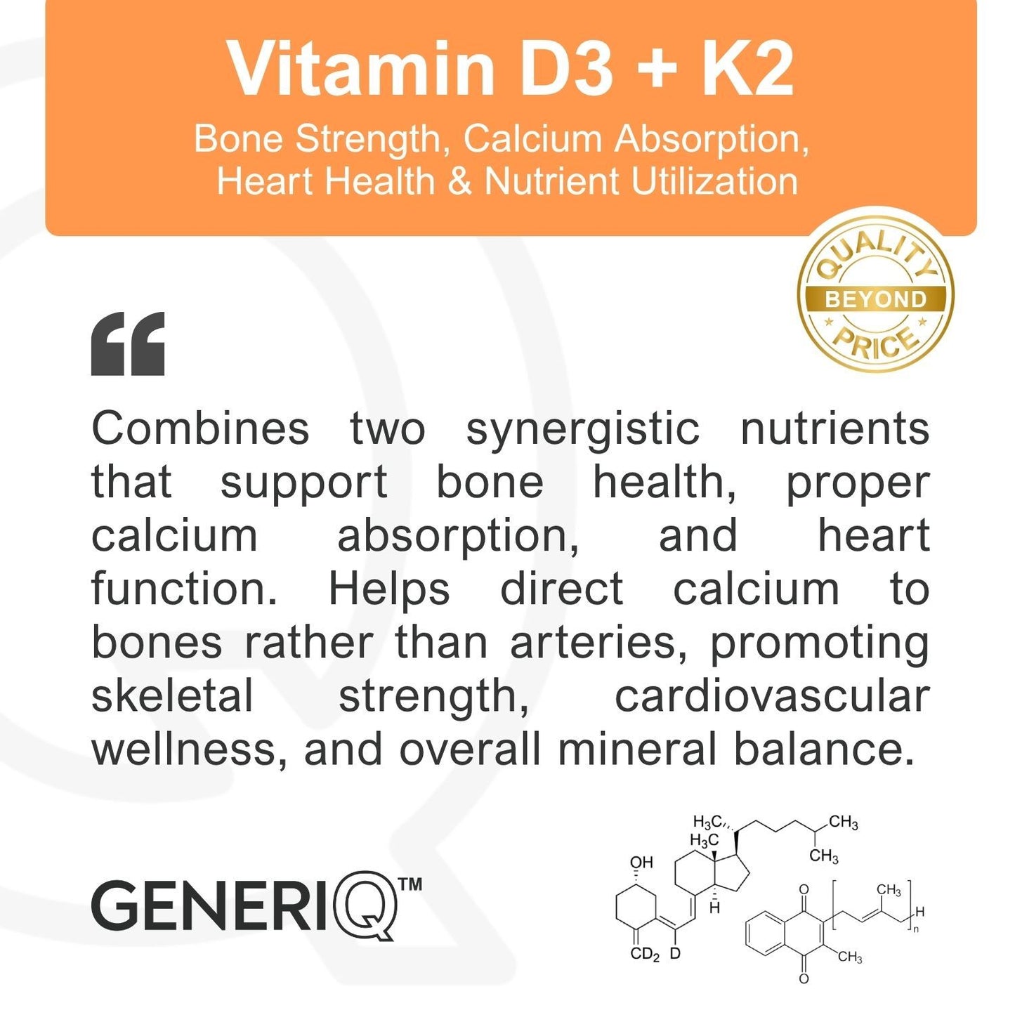 GENERIQ™ Vitamin D3 + K2, 2KIU / 100mcg
