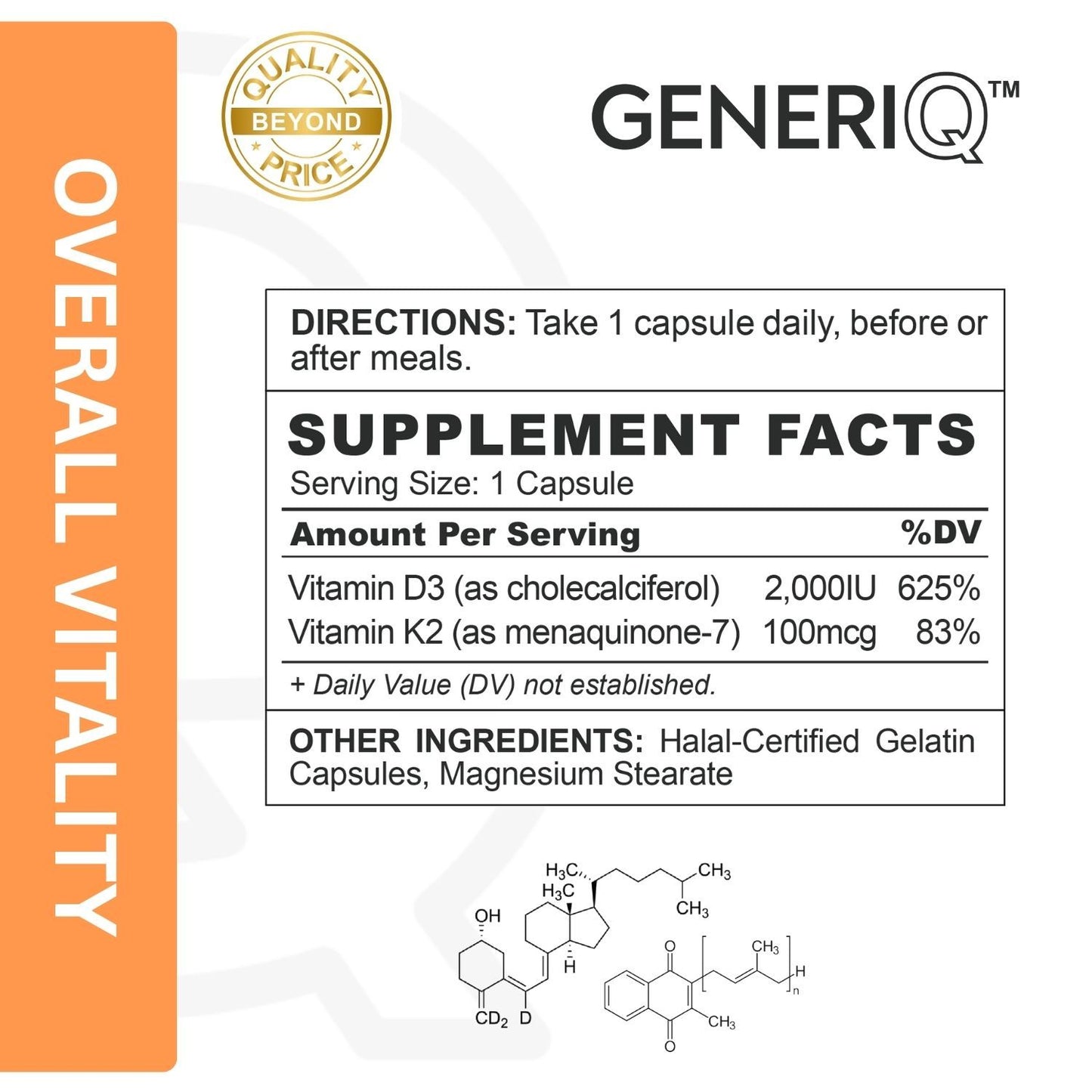 GENERIQ™ Vitamin D3 + K2, 2KIU / 100mcg