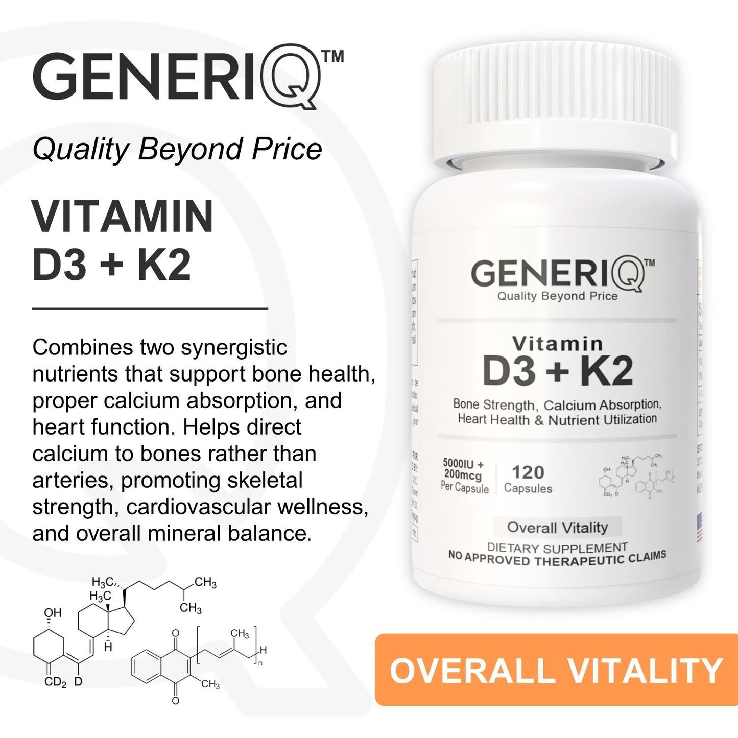 GENERIQ™ Vitamin D3 + K2, 5KIU / 200mcg