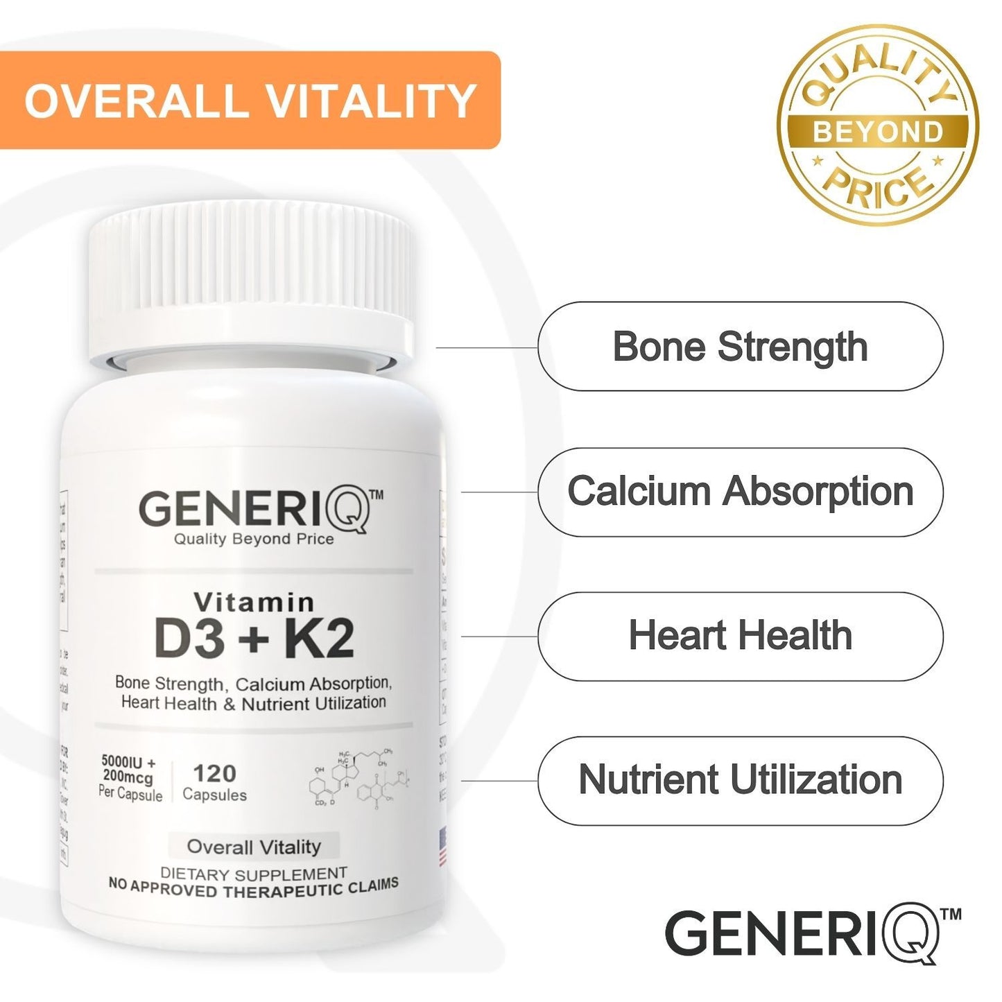 GENERIQ™ Vitamin D3 + K2, 5KIU / 200mcg