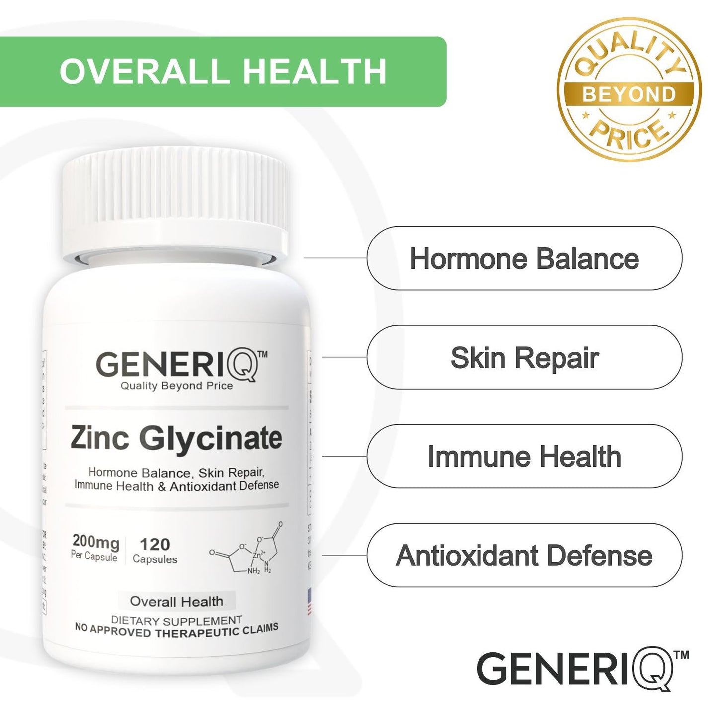 GENERIQ™ Zinc Glycinate, 200mg