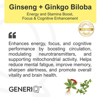 GENERIQ™ Ginseng + Ginkgo Biloba, 1000mg