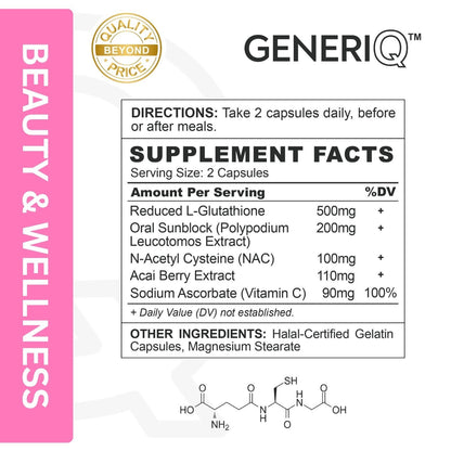 GENERIQ™ L-Glutathione + Oral Sunblock + Boosters, 1000mg