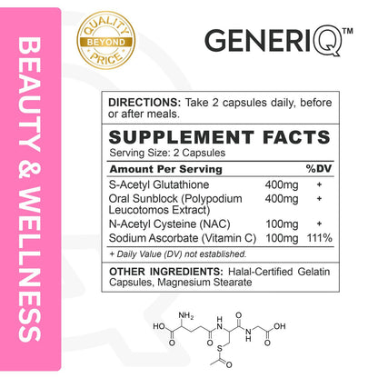 GENERIQ™ S-Acetyl Glutathione + Oral Sunblock + Boosters, 1000mg
