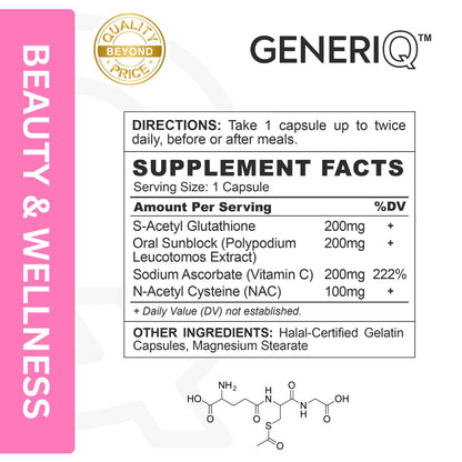 GENERIQ™ S-Acetyl Glutathione + Oral Sunblock + Boosters, 700mg