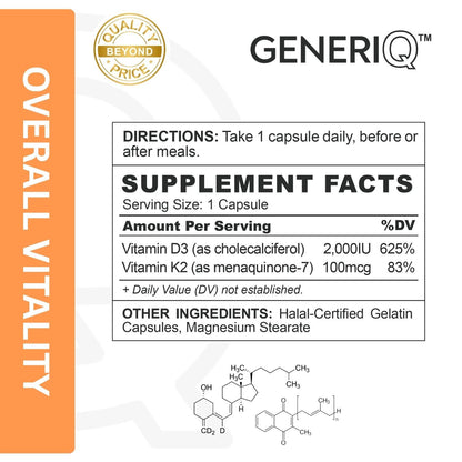 GENERIQ™ Vitamin D3 + K2, 2KIU / 100mcg